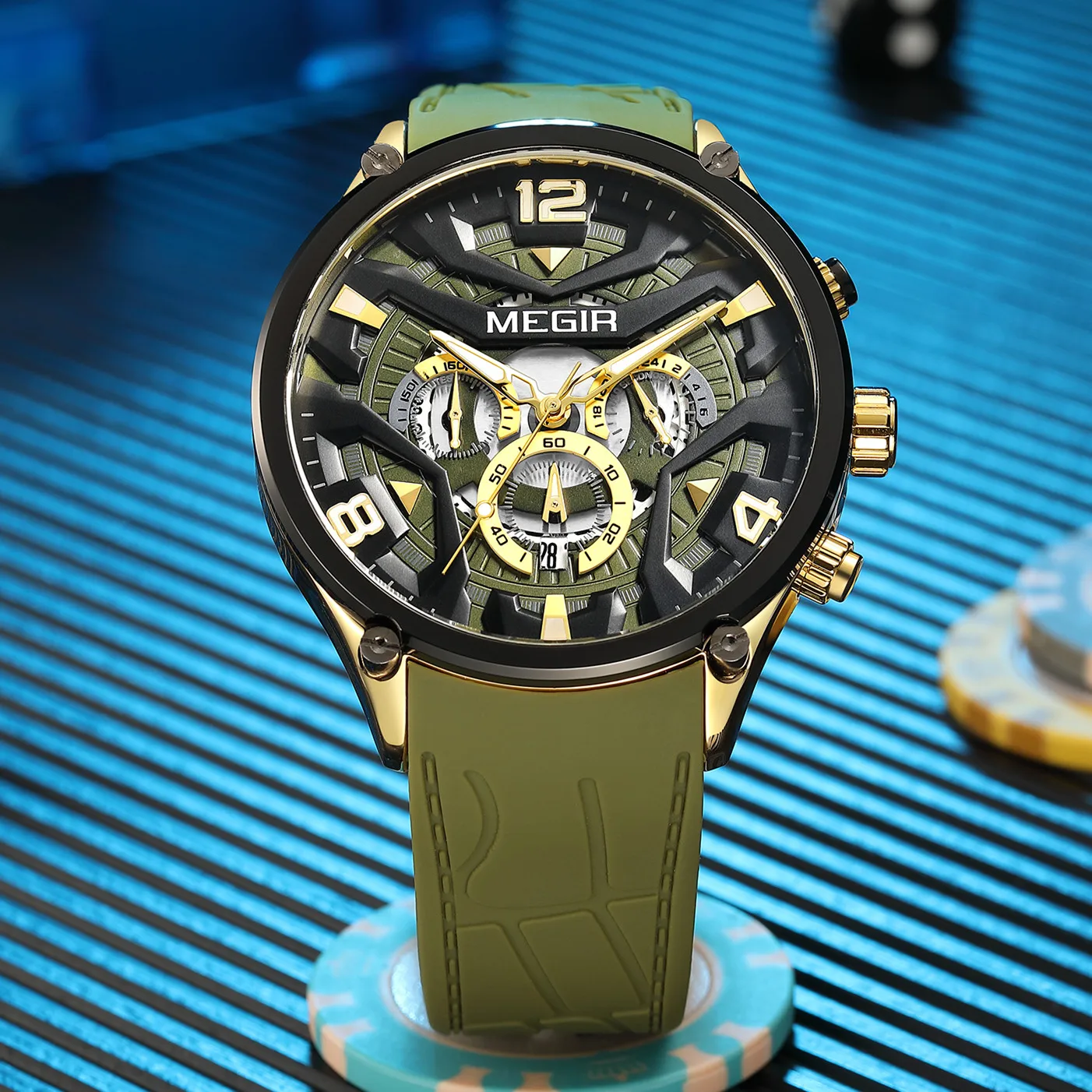 MEGIR 크로노그래프 럭셔리 남성 쿼츠 밀리터리 시계 실리콘 스트랩 방수 남성 스포츠 손목시계 날짜 시계 남성용 시계 2222