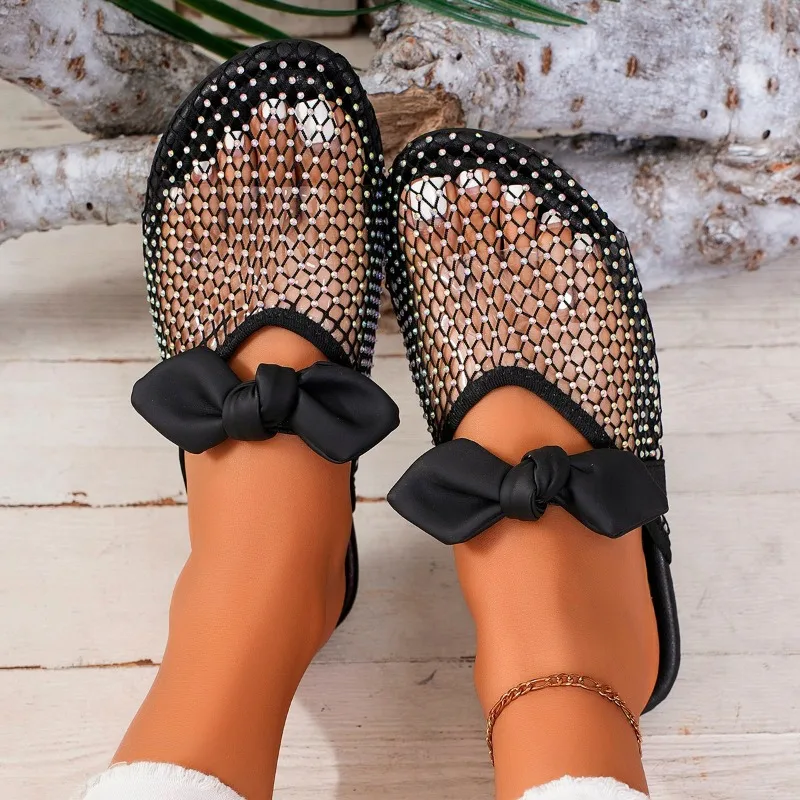 Ladies Shoes on Sale 2024 Brand Women\'s Slippers Summer Closed Toe Solid Net Cloth Butterfly-knot Square Heels Casual Slippers