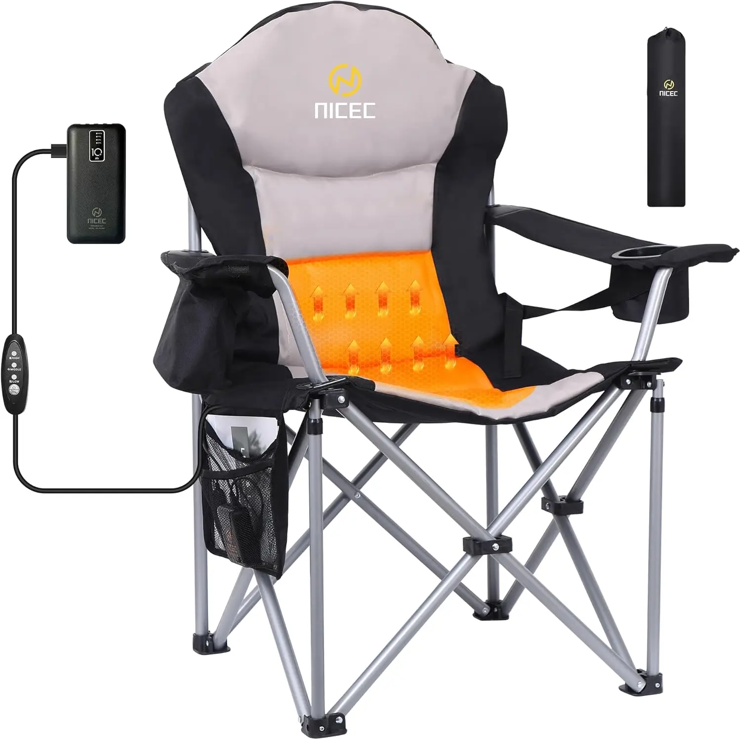

Portable Heated Camping Chair with Battery, Outdoor Folding Seat for Adults, Includes Cooler and Power Bank