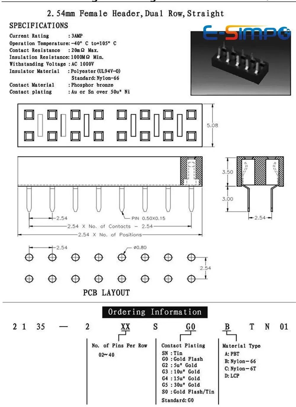 Conector fêmea do soquete do encabeçamento do Pin do PWB, 2.54mm, PH3.5, perfil curto baixo, linha reta, dobro, 2, 3, 4, 5, 8, 10P Rohs, Ouro-placa, PCes 10