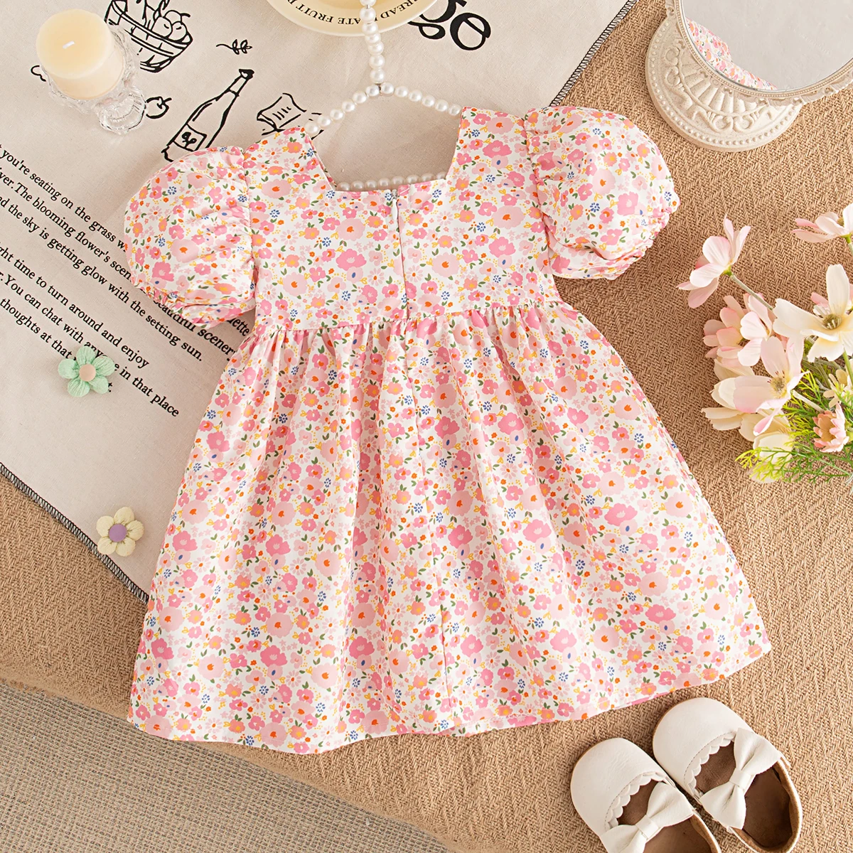 Girls' Dress Summer Bow Floral Short Sleeved Baby Girl Dress, Cute Beach Baby Dress Baby Girl Clothes