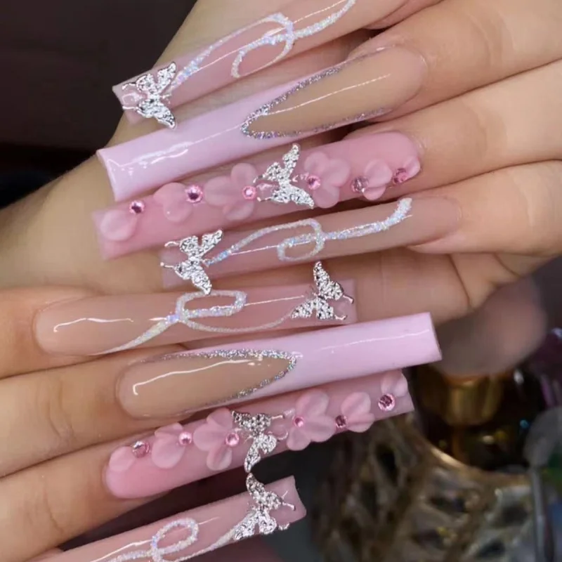 24 piezas uñas postizas con strass, francesas brillantes con flores, largas cuadradas rosas 5