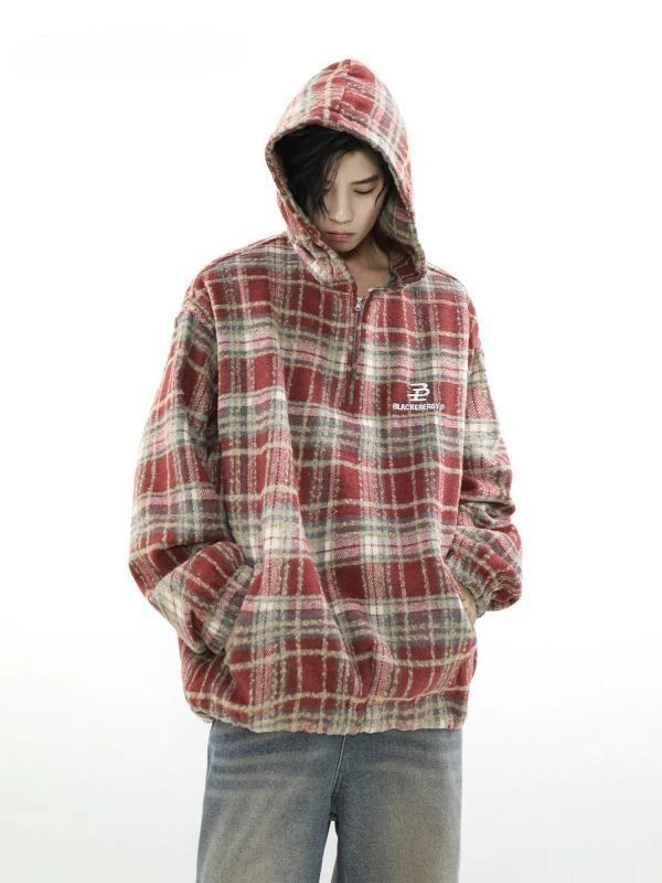 American Retro Plaid Design Versatile Couple Jackets Men Women Hooded Letter Embroidery Long-sleeved Slimming Loose Casual Coats