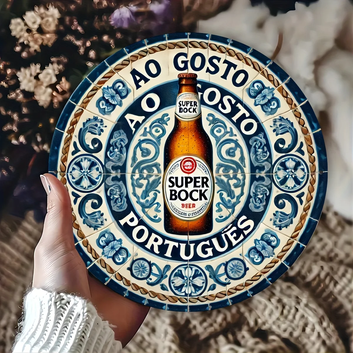 Vintage Super Bock Beer Ao Gosto Portugues Round Tin Sign, Retro Portuguese Super Bock Beer Bottle Azulejo Tile Metal Wall Art,