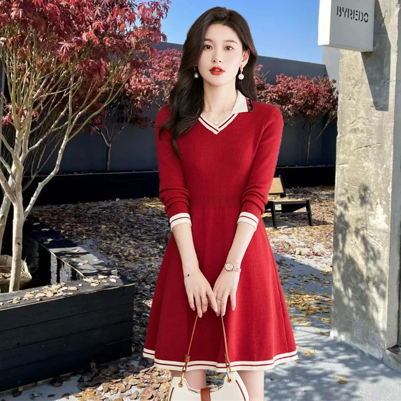 

Women's Autumn Winter Lucky Red Knit Mini Polo Dress Lady Graceful Patchwork Bottoming Sweater Dresses 2024 New Knitwear Female