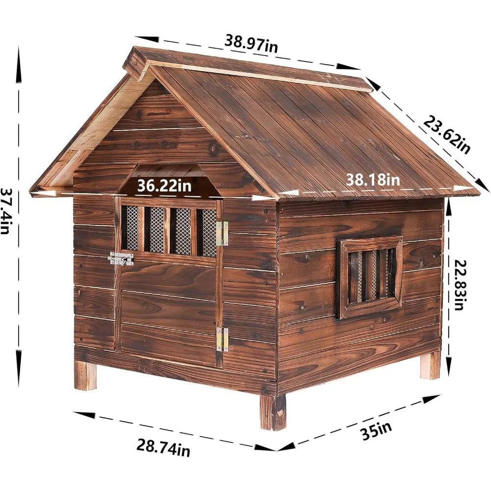 Outdoor Dog House Weatherproof with Window, Dog House Outside Large Dog House Outdoor with Elevated Floor & Doors Ensures