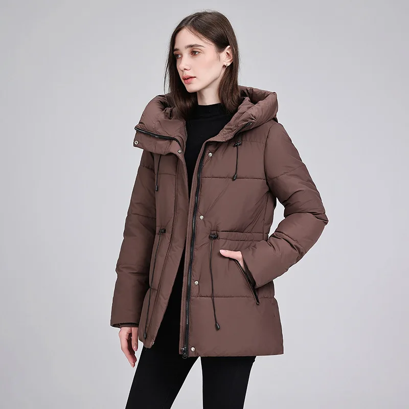 New autumn and winter women's hooded drawstring waist cotton jacket medium to long loose warm jacket women's clothing