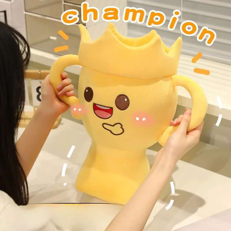 Cute Champion Trophy Plush Pillow Soft Stuffed Toy Funny Expression Cushion for Home Decor and Gift Giving for Girls Kids Kawaii