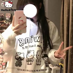 Sanrio Hello Kitty kapüşonlu süveter Harajuku yüksek sokak Graffiti öğrenci Hoodie Y2k kadınlar için moda sevimli karikatür baskı ceket