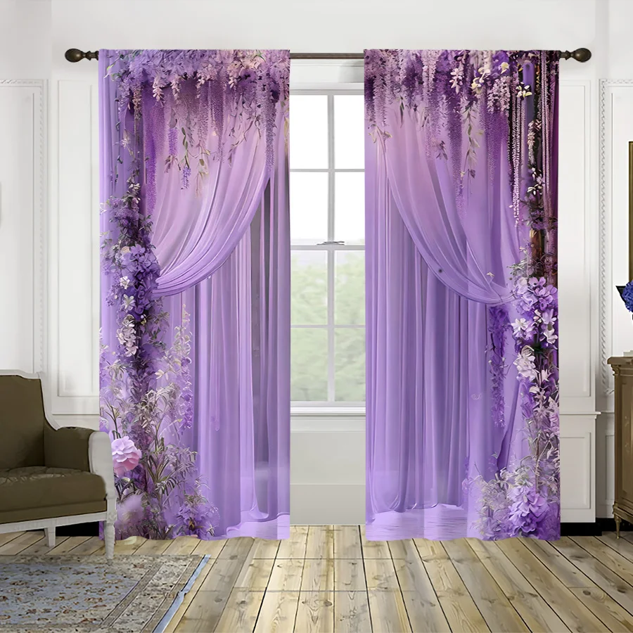 2PCS Romantic Purple Flower Curtains, Vintage Floral Print, Elegant Window Drapes for Living Room Bedroom Home Decor