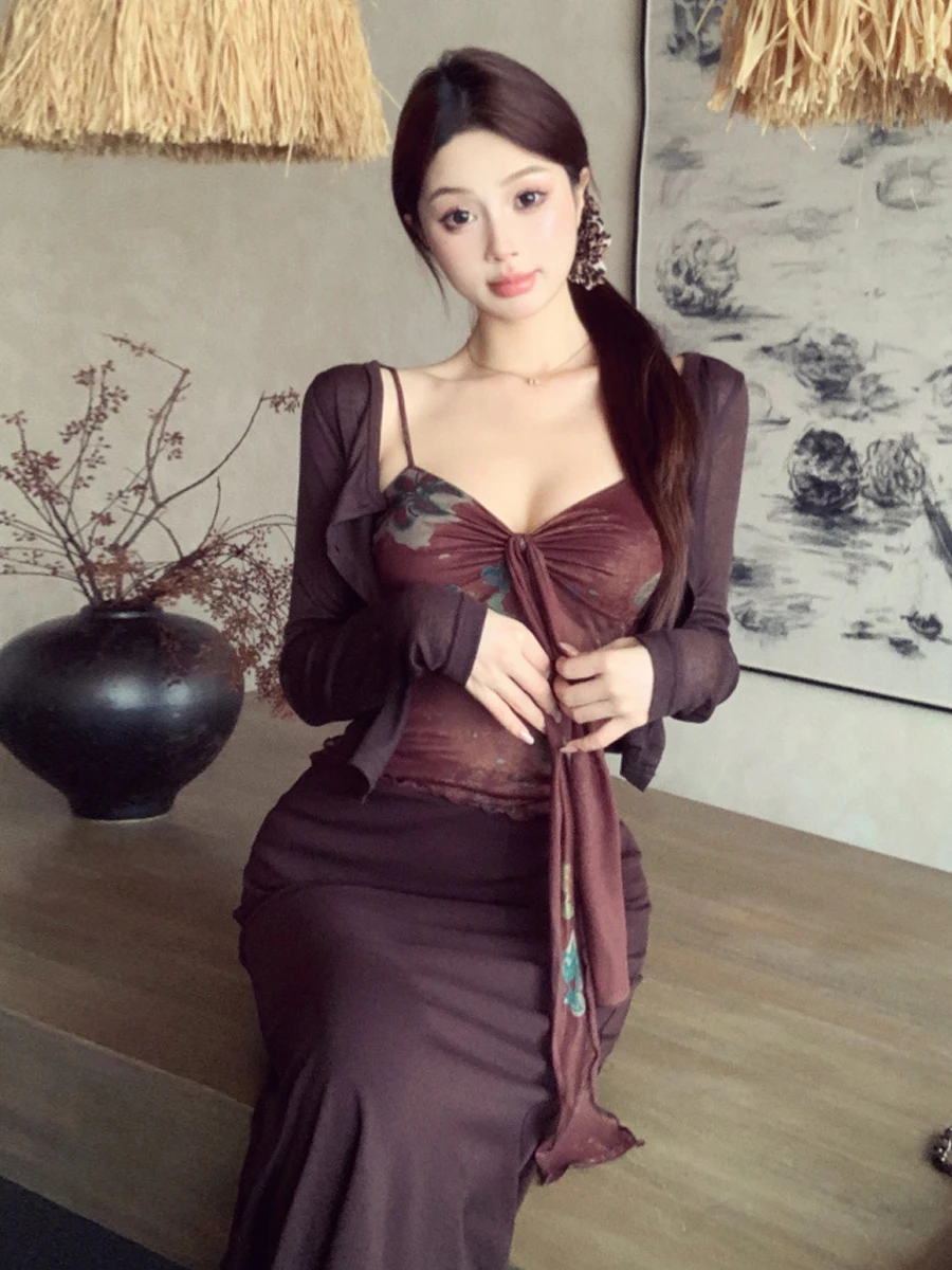 Sexy Pure Desire Print Strap Vest Long Sleeve Bell Design High Waist Slim Fit Halter Skirt Set Women's Fashion Autumn Outfit
