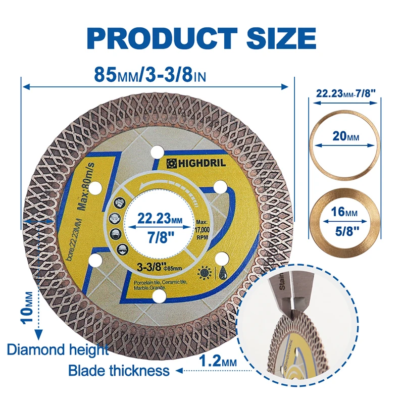 HIGHDRIL 2 sztuk Dia85mm diament X siatki Turbo brzeszczoty do pił spiekane do spiekania tarcza tnąca dla płytka ceramiczna granit marmur 22.23mm