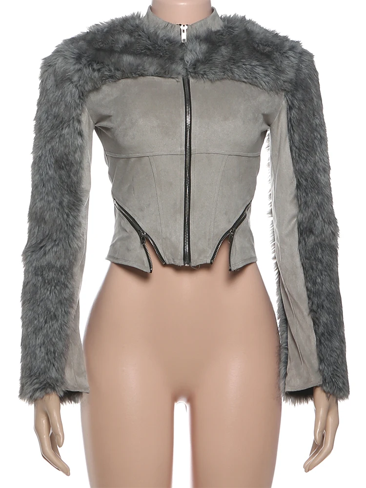 سترة نسائية مرقعة من SIsterlinda موضة فروي متدفقة بسحاب غير منتظم محب الشرير هوتي اتجاه الخريف البري ملابس الشارع والنوادي