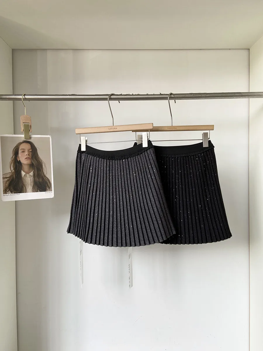 

Women's Autumn Winter Wool&blend Sequined Pleated Skirt Lady Streetwear Elegant Bling Bling A Line Short Skirt
