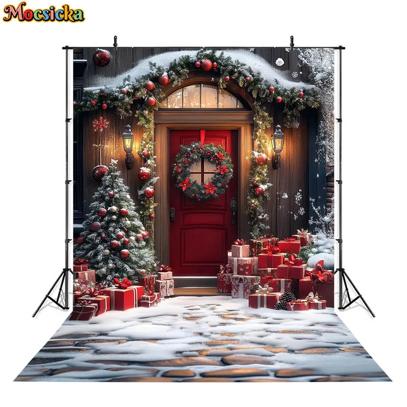 Mocsicka-クリスマスの背景写真,ドアリース,雪の贈り物,クリスマスツリーの装飾,赤ちゃんの写真,写真スタジオのアクセサリー