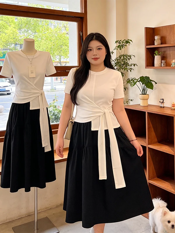 

Summer New plus Size Women's Fashion Korean Style Belted Uneven Waistline Black Skirt Two-Piece Set Commute Friendly