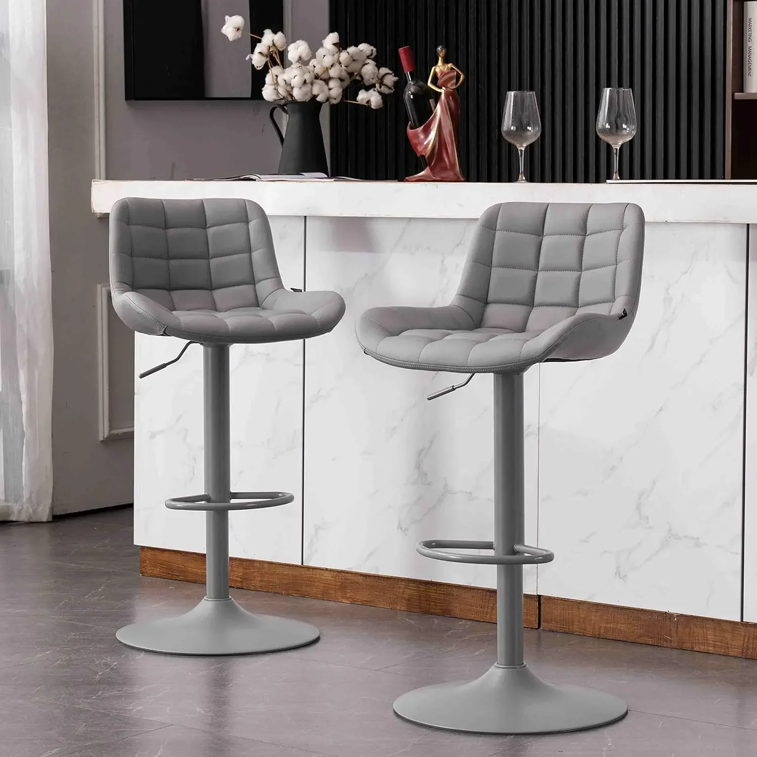 2-piece counter high back stool PU leather padded metal, modern adjustable rotating high back stool