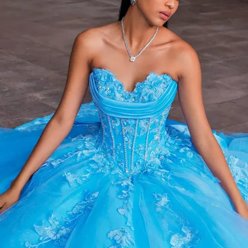 

Shiny sky blue Quinceanera Dress off-shoulder Lace flower glitter decal Long tail Bow vestidos de 15 Quinceanera ﻿Customize