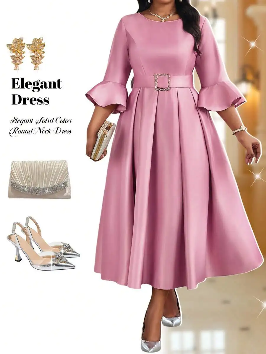 

Elegant Pink Solid Color Round Neck Bell Sleeve A-Line Midi Dress with Belt