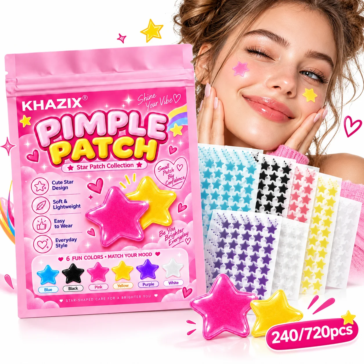 Multi colored star acne patch - six color fun star shaped mixed size, easy to apply for daily spot coverage