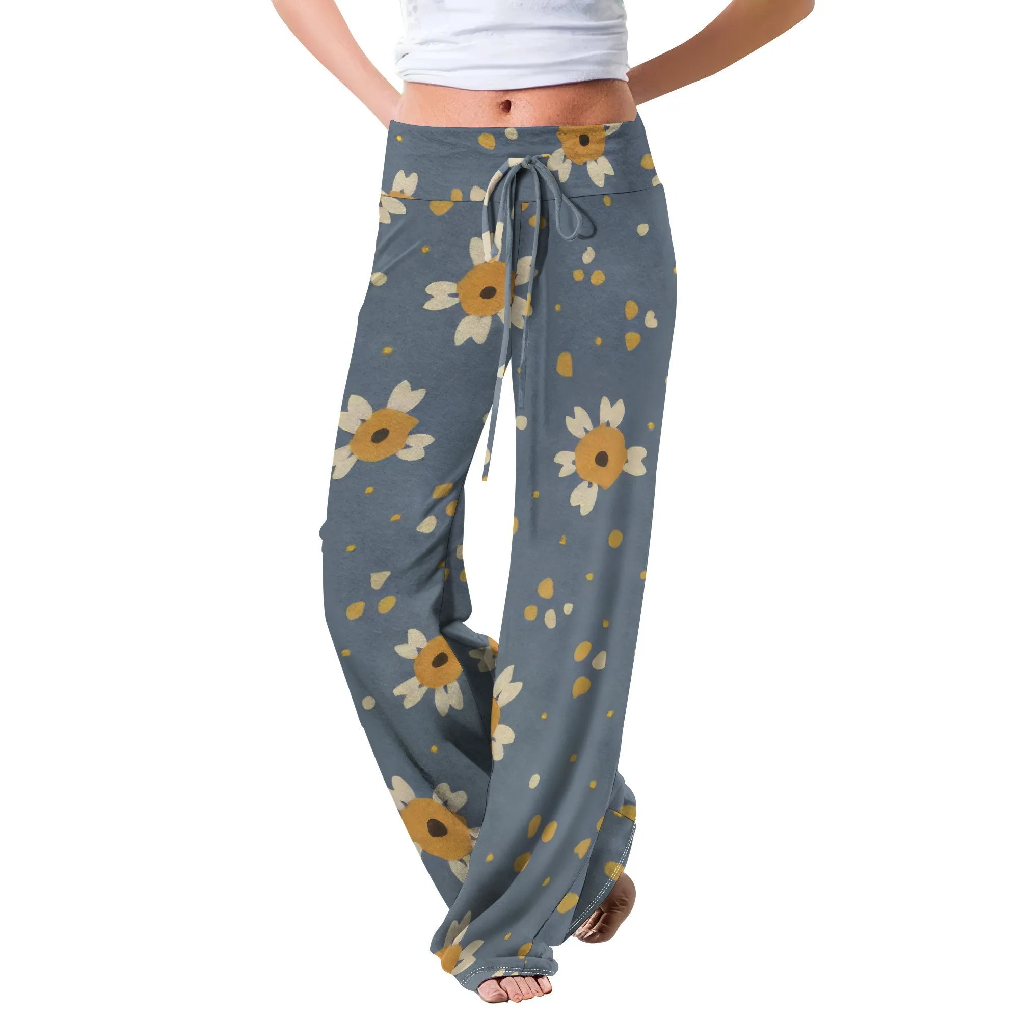 بنطال نسائي مريح قابل للتمدد وطبعة زهور برباط بالازو بأرجل واسعة