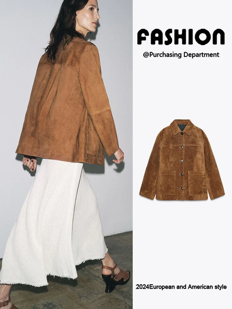 

Новая женская модная удлиненная куртка из искусственной замши с отложным воротником, универсальная, стройнящая фигуру, трендовая, для выступлений, осень 2025