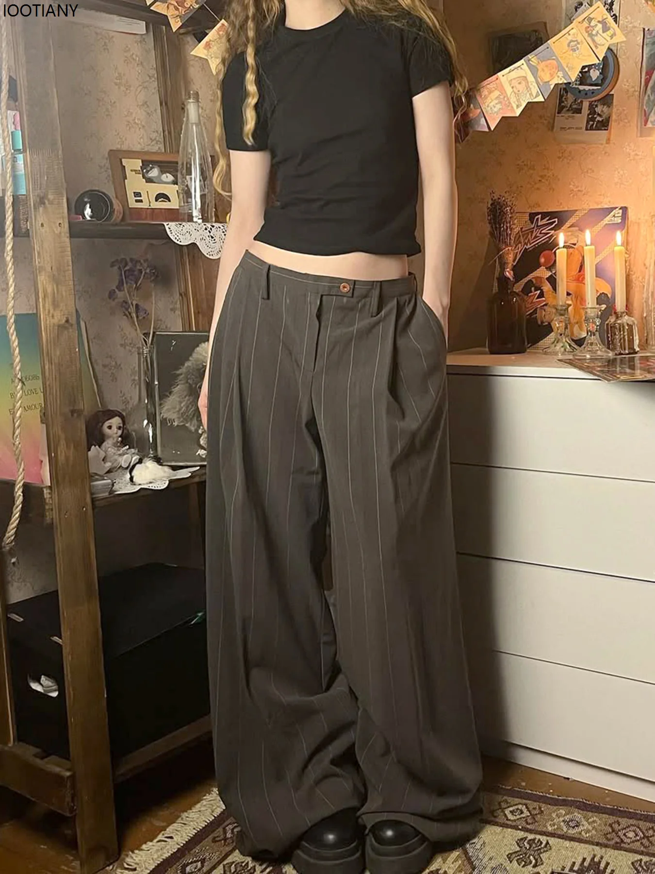 

Harajuku Low-rise Suit Pants Women's Retro 2000s Loose Striped Print Casual Pants Korean Fashion Street Trend Straight Leg Pants