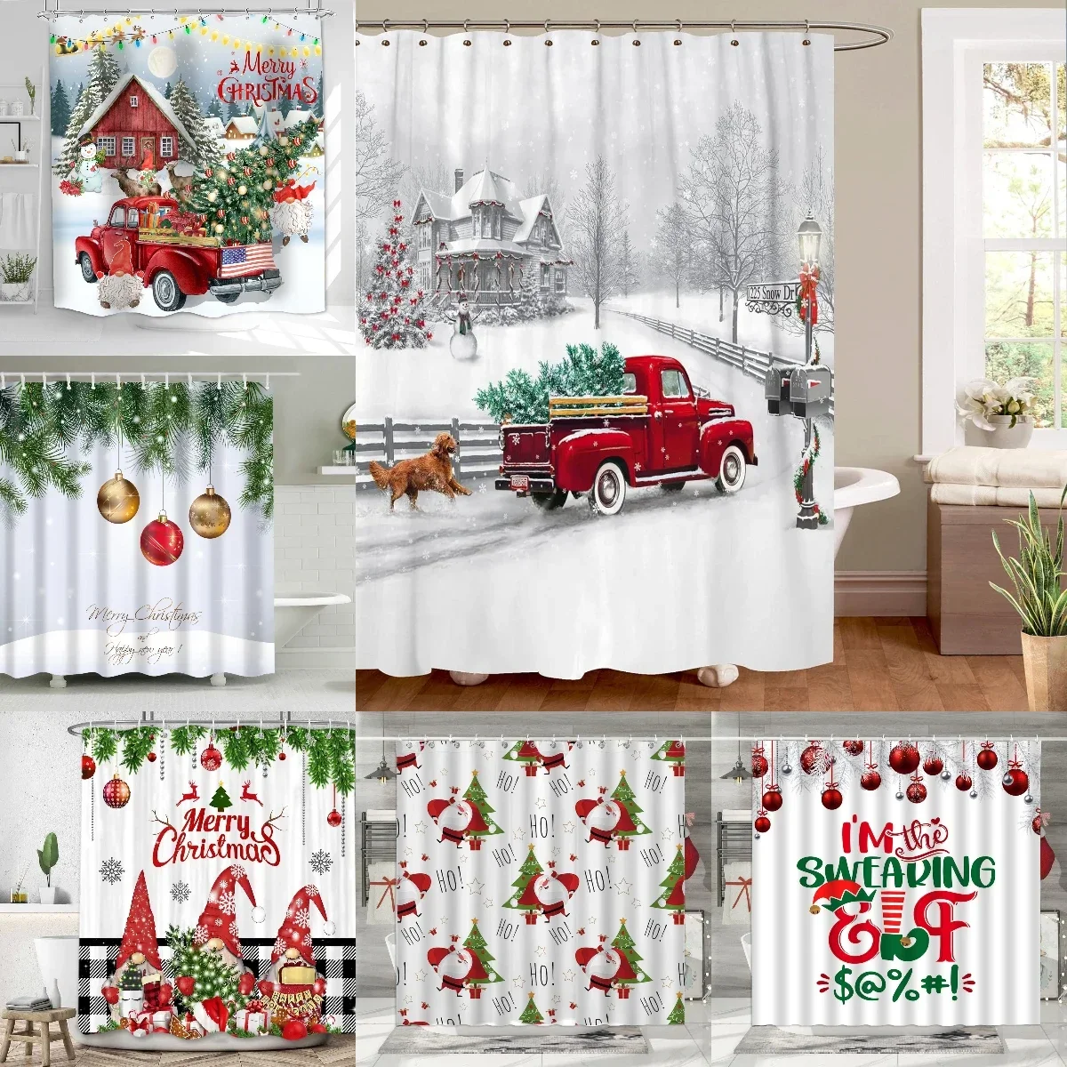 Christmas Shower Curtain Santa Claus Moose Snowman Truck Socks Gifts Christmas Balls Winter Cedar Cartoon Bathroom Decor Fabrics