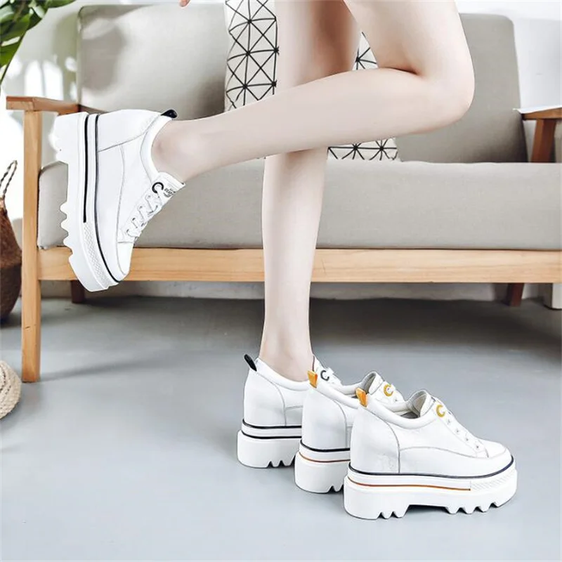 Women Platform 9cm Mesh Leather White Sneakers Shoes New White Wedge Vulcanize Shoes Hidden Heel Breathable Female Casual Shoes