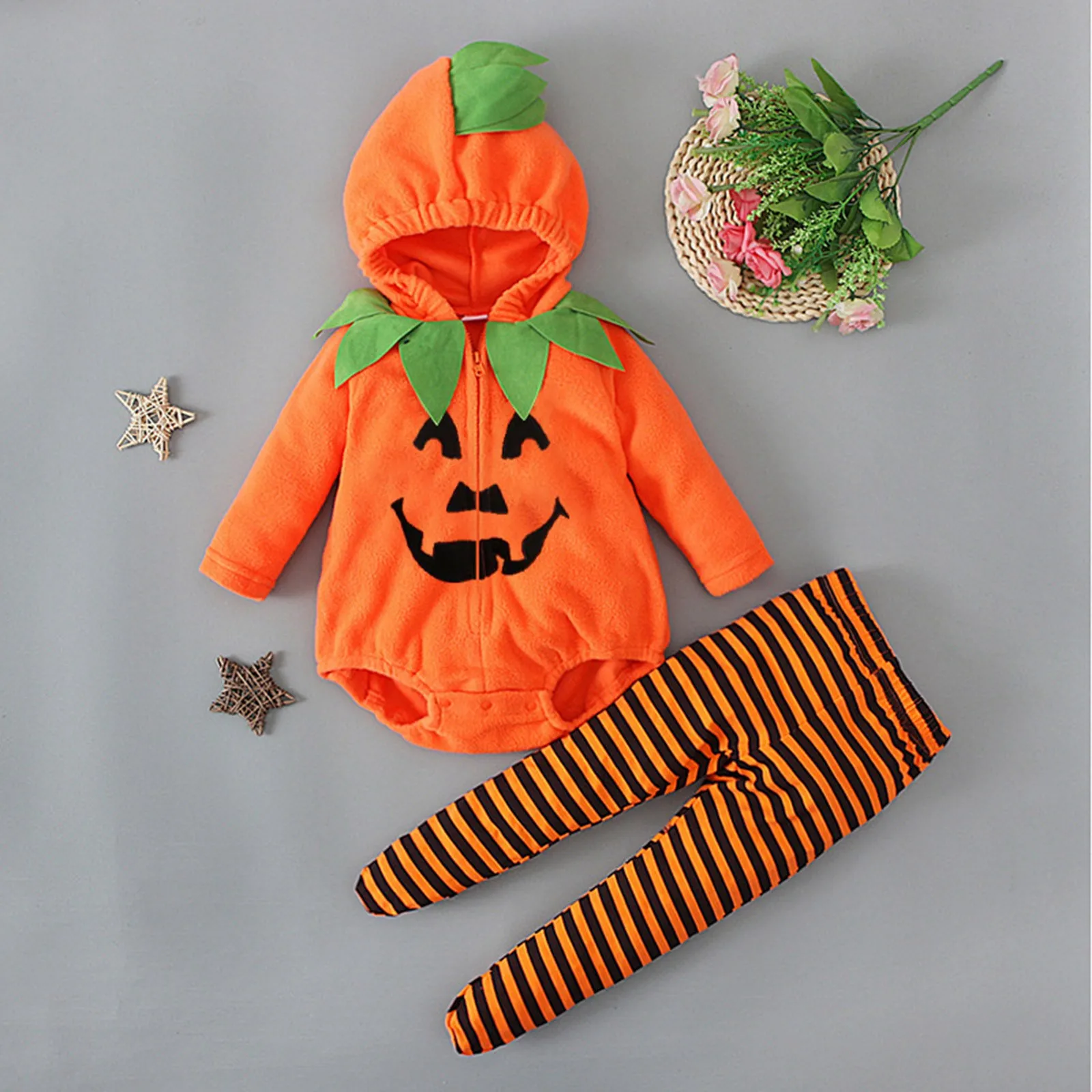 Halloween Baby Set Outfits Orange Pumpkin Face Fleece Bodysuit And Stripes Leggings 2pcs Set My First Halloween Baby Costume