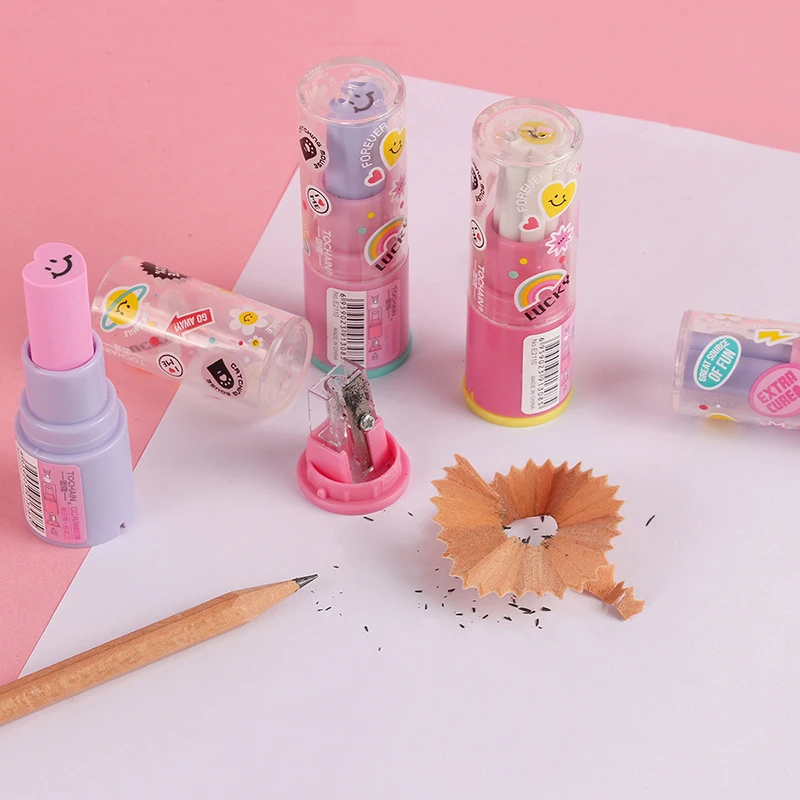 Borrador de material ecológico con forma de lápiz labial de dibujos animados para niños, sacapuntas, útiles escolares, papelería kawaii, 2 unidades