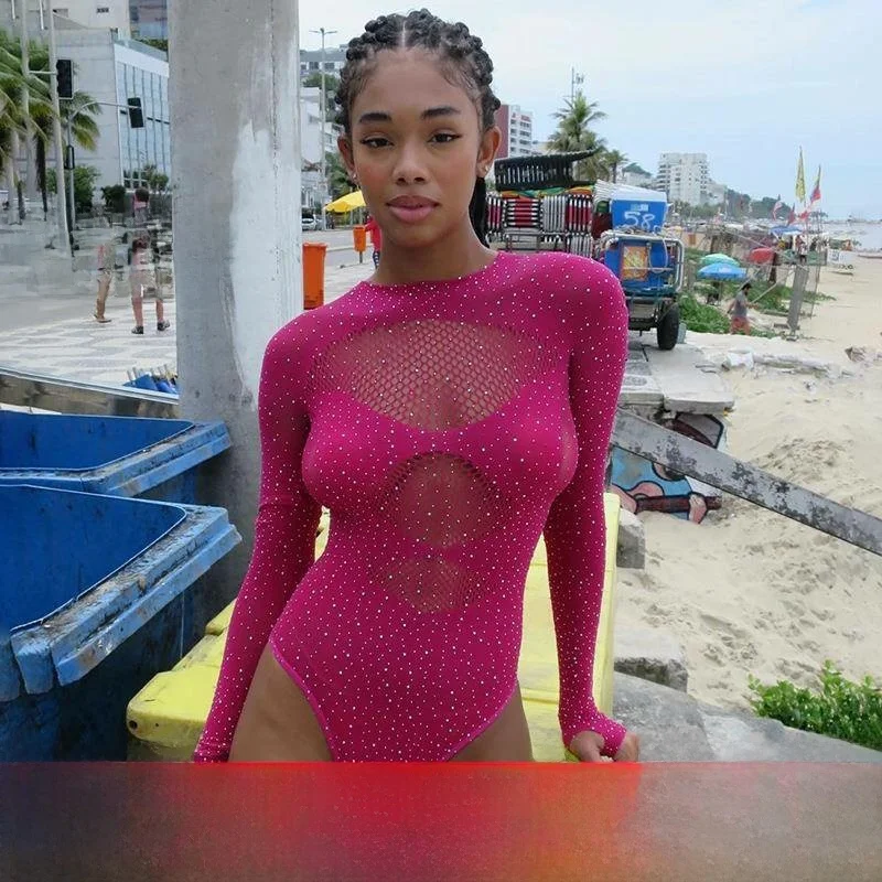 

Women's Cross-Border Hollow out Glitter Drill Jumpsuit Street Sle mid Waist ort Pants Fabric New Knit Cutout Design