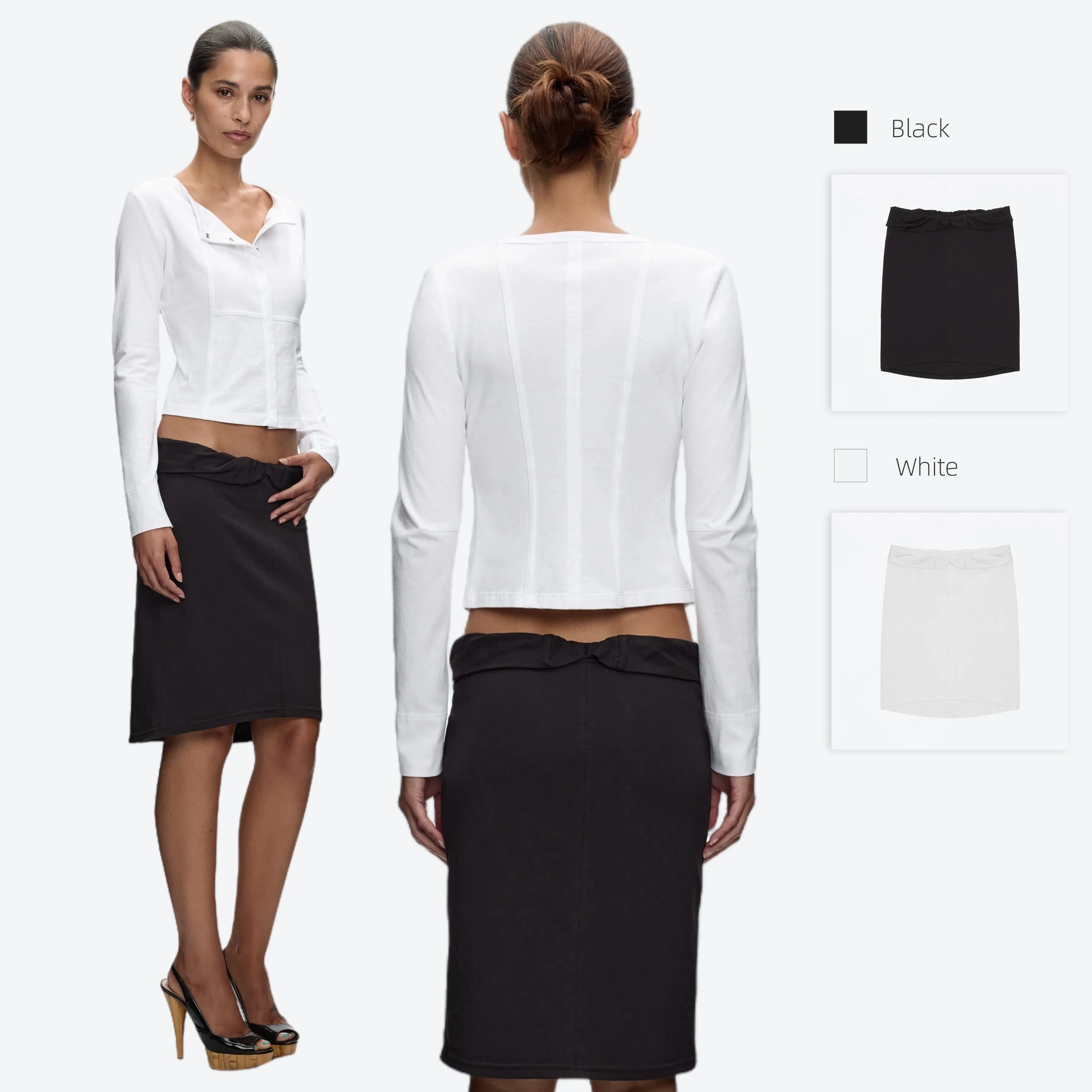Tank Women's Black And White Long-Sleeved Cardigan 3D Patchwork Short Jacket Plump Waist Midi Skirt Set