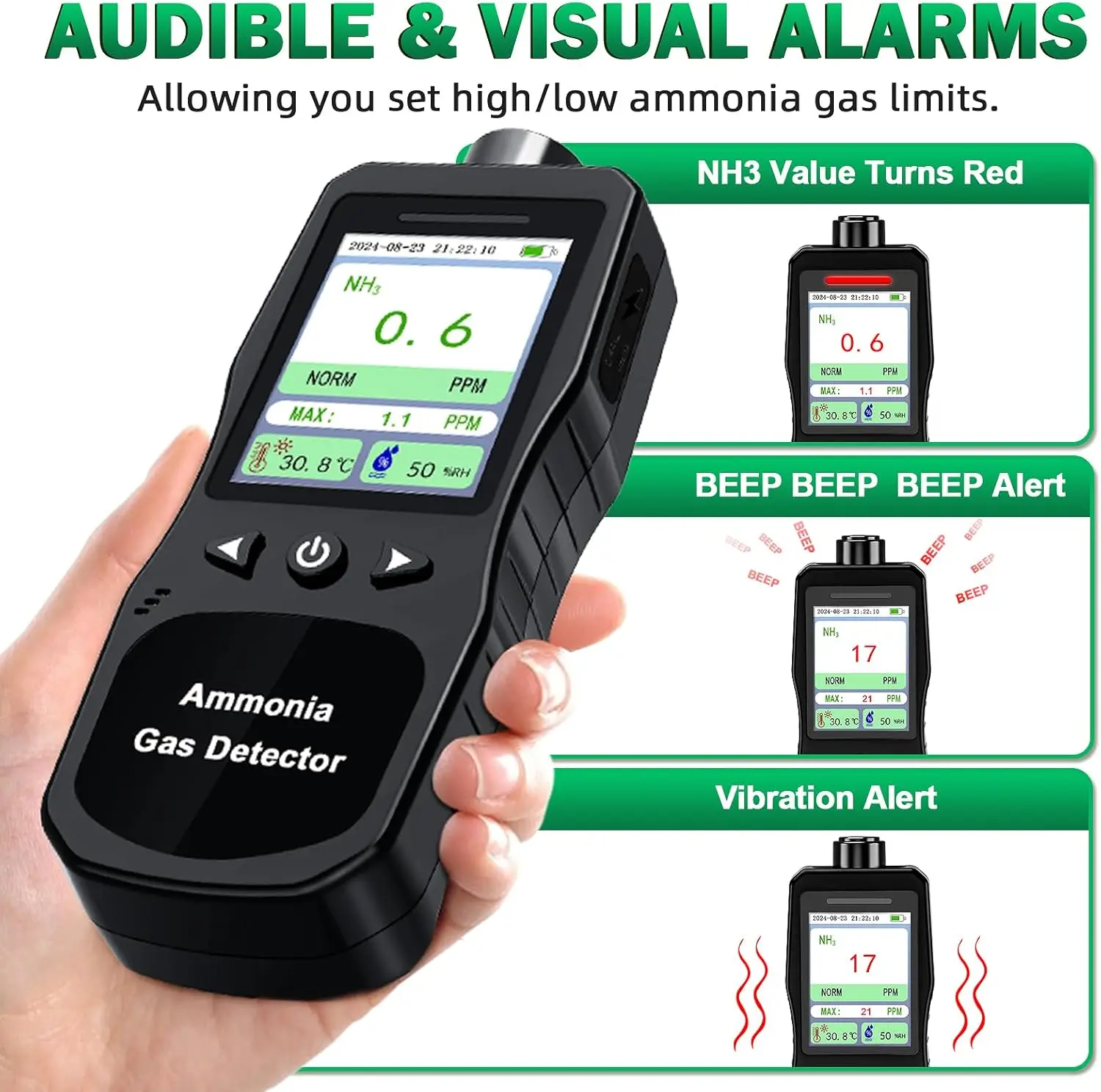 Rechargeable Ammonia Gas Detector 0-200 PPM Portable Digital Air Quality Monitor-Temperature & Humidity Tester - Ideal for Farms