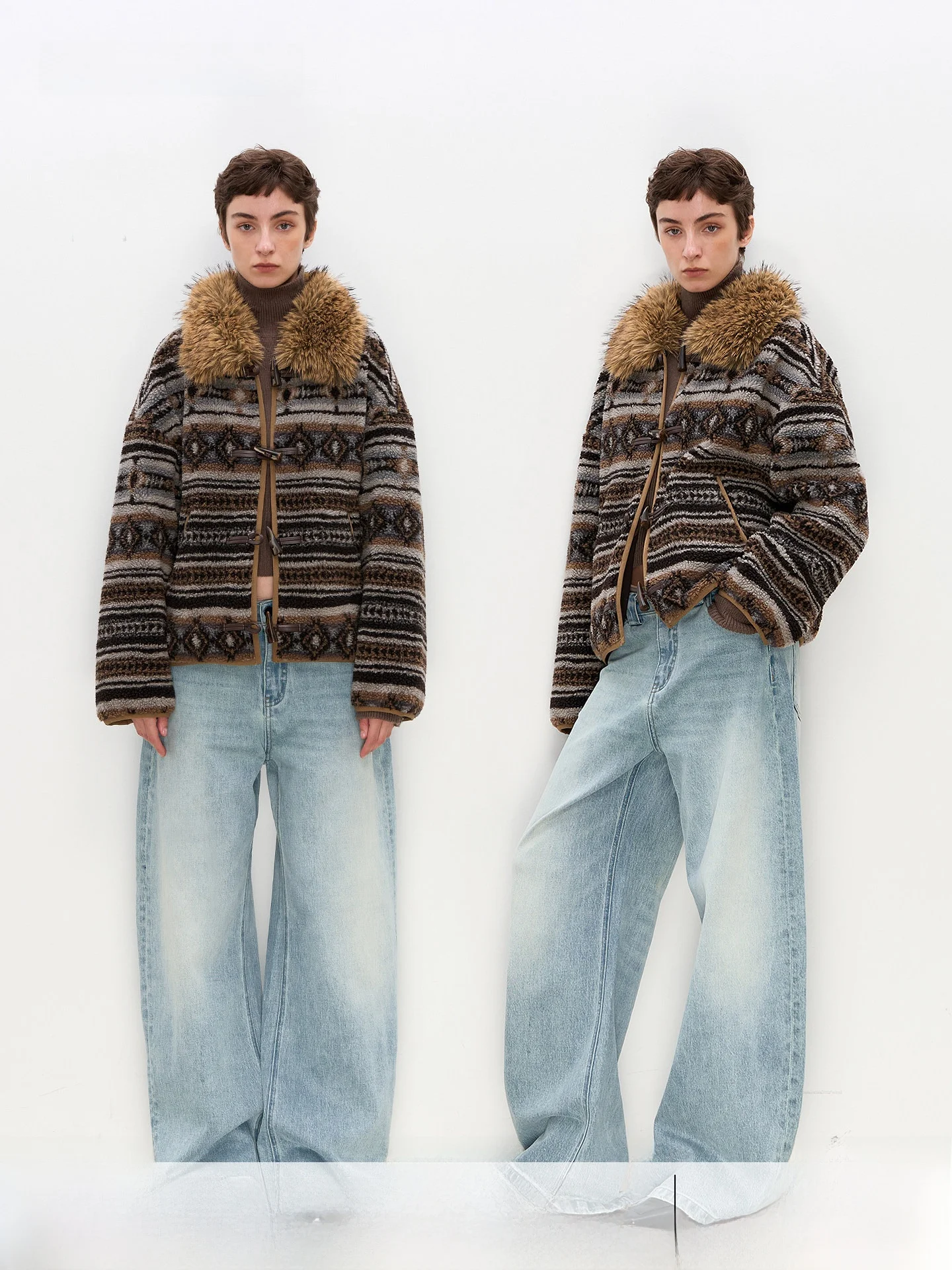 

n ort Jaet with Fur Collar Clean Fit Polyester Fiber ex Winter Outerwear Casual Sle Long Sve Striped Pattern