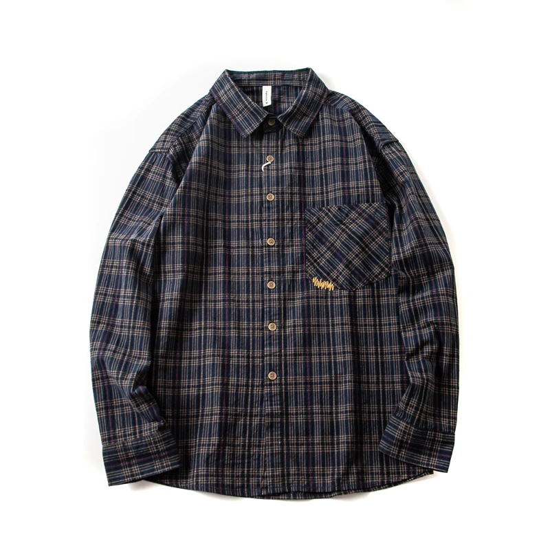 American retro check shirt men\'s Korean versatile long sleeve 100% cotton shirt vintage loose couple shirt coats stylish patch