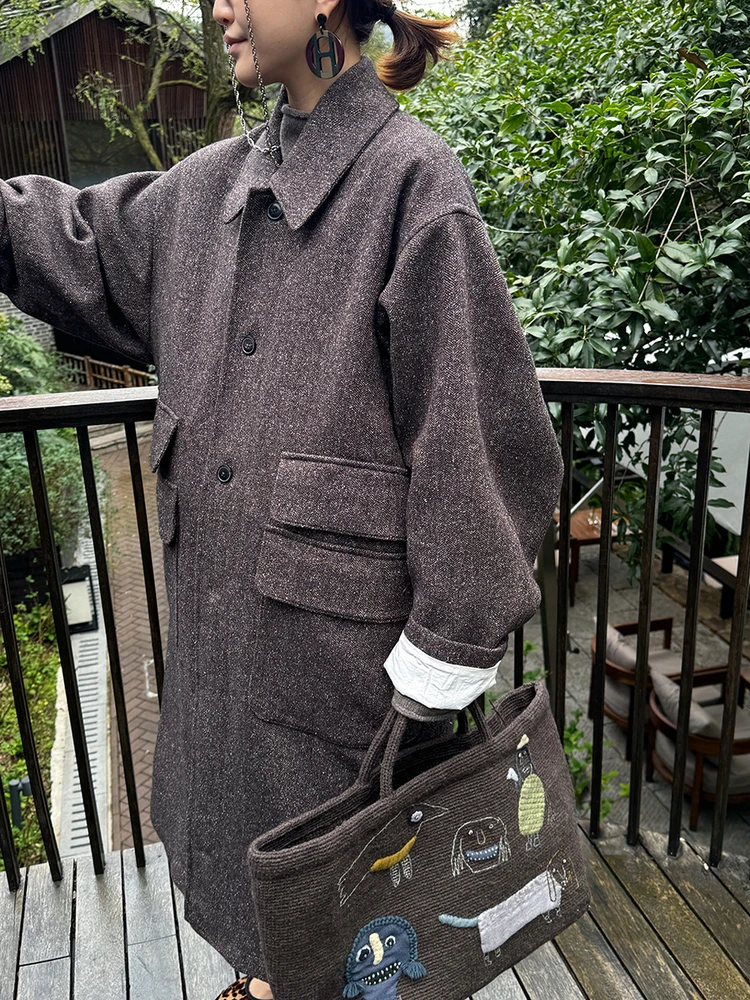 

Owi Retro Heavyweight Wool Silk Blend Coat Double Wear Calf Horn Button mid Century Color Commute Loose Fit Long Sve