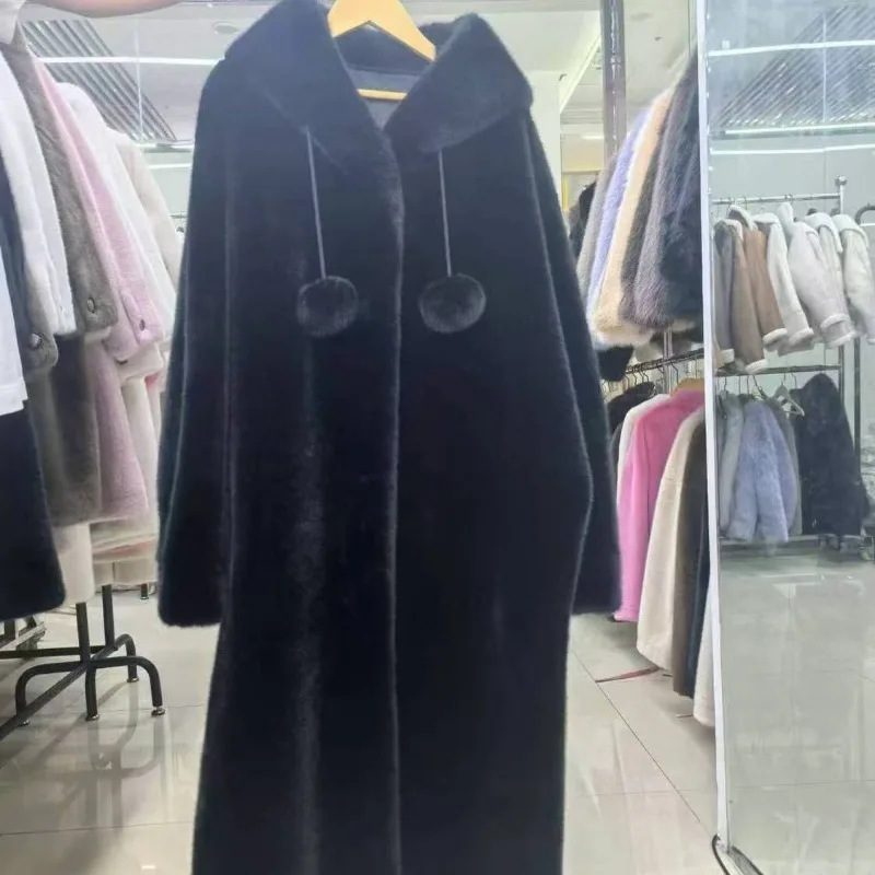 Winter namaakbont lange trenchcoat warme nieuwe dames capuchon lange lijn faux nertsen bont gevoerde jas dikker pluche bontjassen pluizig