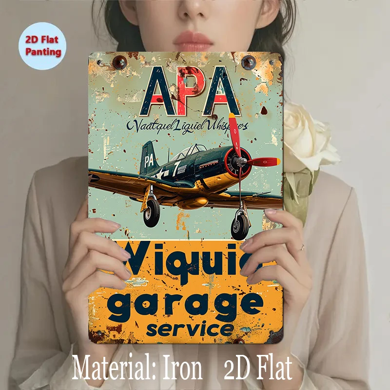 Vintage Aircraft Metal Wall Sign  - Iron Retro Garage Decor with APA,Liqui Garage Service Text, Distressed Art Deco Style for