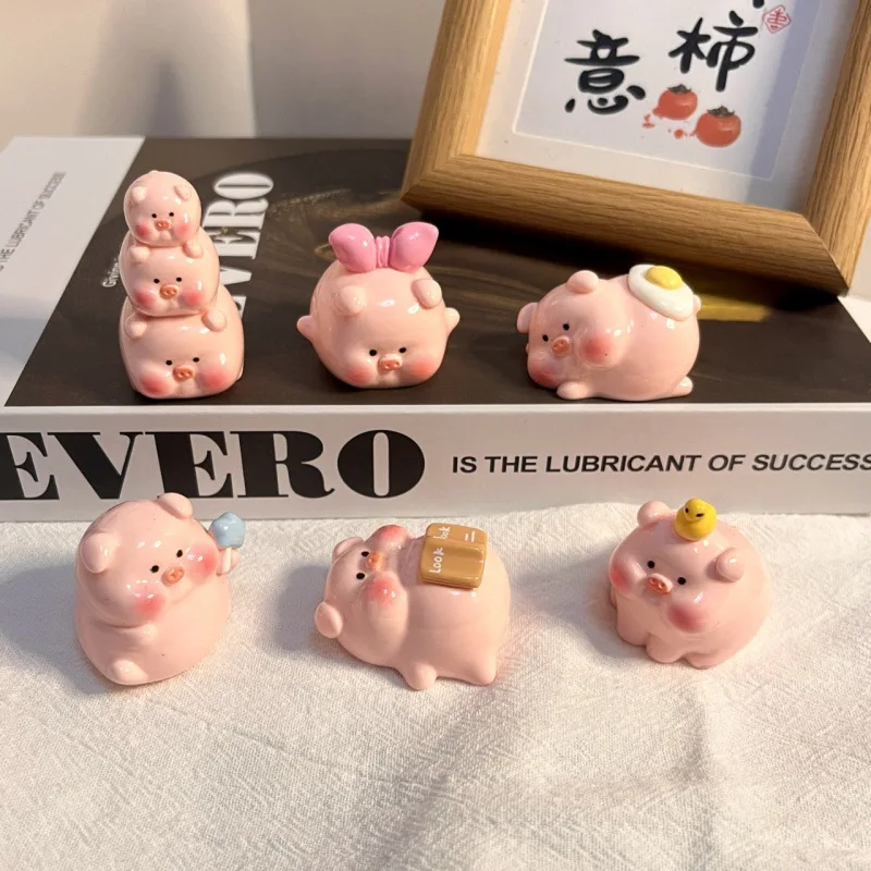 6Pcs Pink Color Cute Pig Mini Figurines Blind Bag, Resin Accessories, DIY 3D Cartoon Charms, Lovely Creative Desktop Ornaments