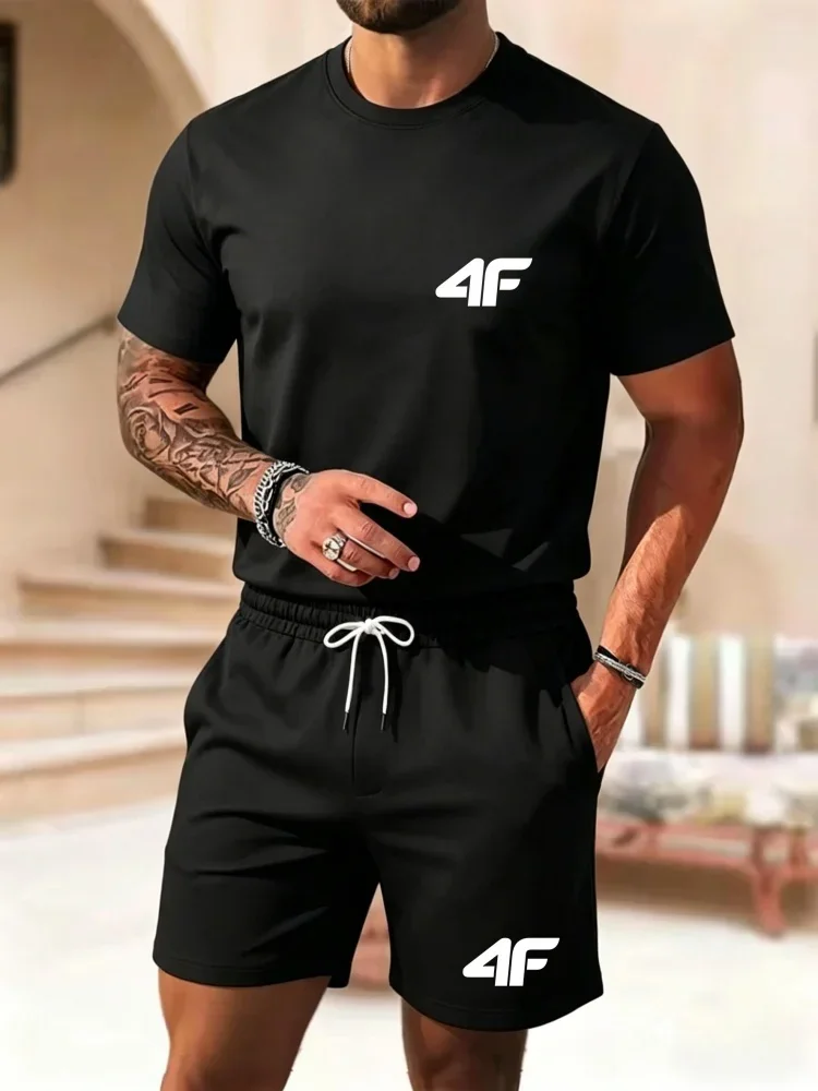 

Men's Short Sleeved T-shirt Set, Breathable Summer Top and Shorts, with 4F Letters Printed on the Chest, Suitable for Daily Rest