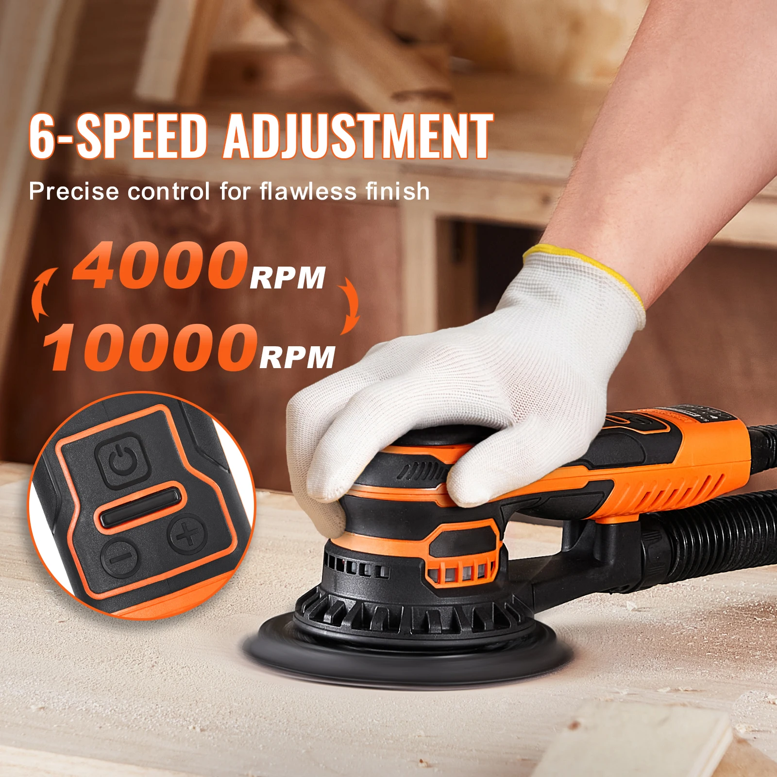 SucceBuy Random Orbital Sander 350W Brushless 10000 PRM 6 Variable Speed Electric Orbital Sander for Woodworking Detail Sanding