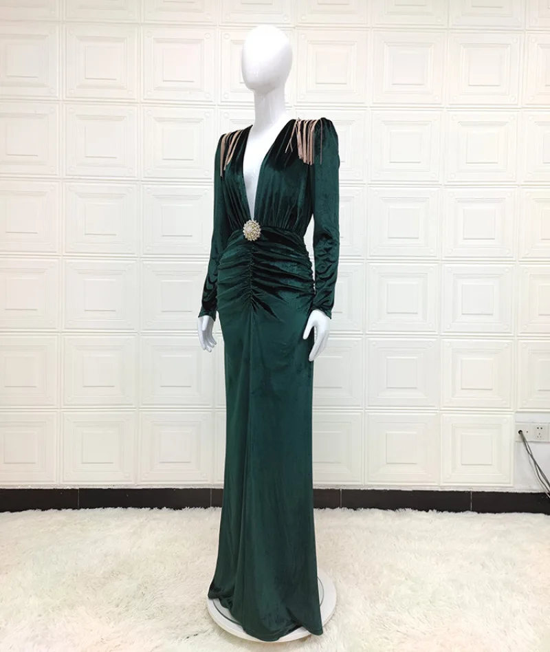 Elegantes Damen-Abendkleid mit V-Ausschnitt, Ballkleid mit langen Ärmeln, modisches Luxus-Party-Outfit mit plissiertem Schlitz
