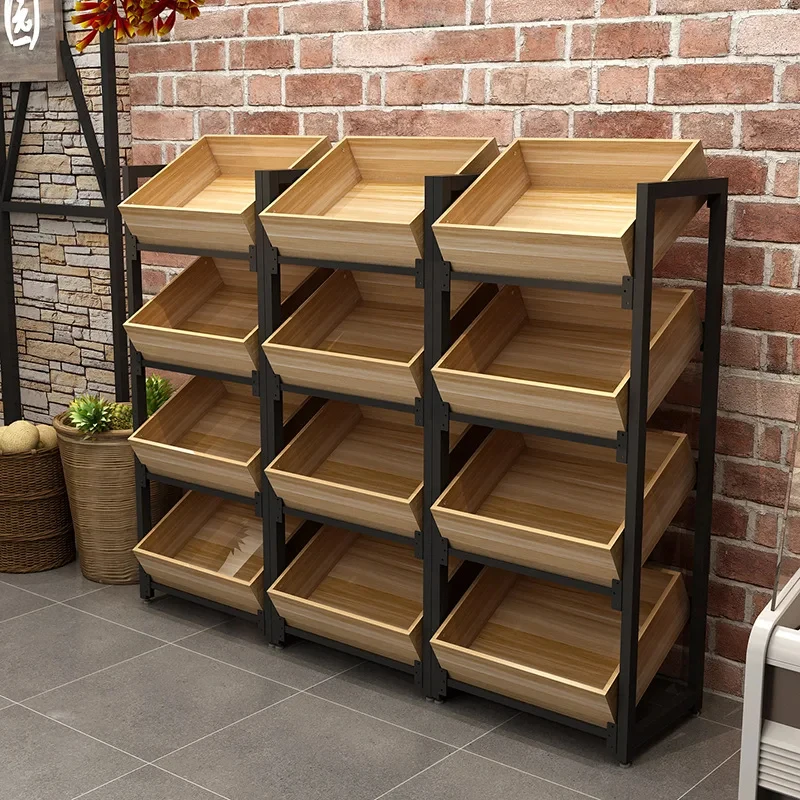 custom.Custom Durable Metallic & Wood Supermarket Fruit & Vegetable Display Stand-Multi-Layer Commercial Shelf Rack