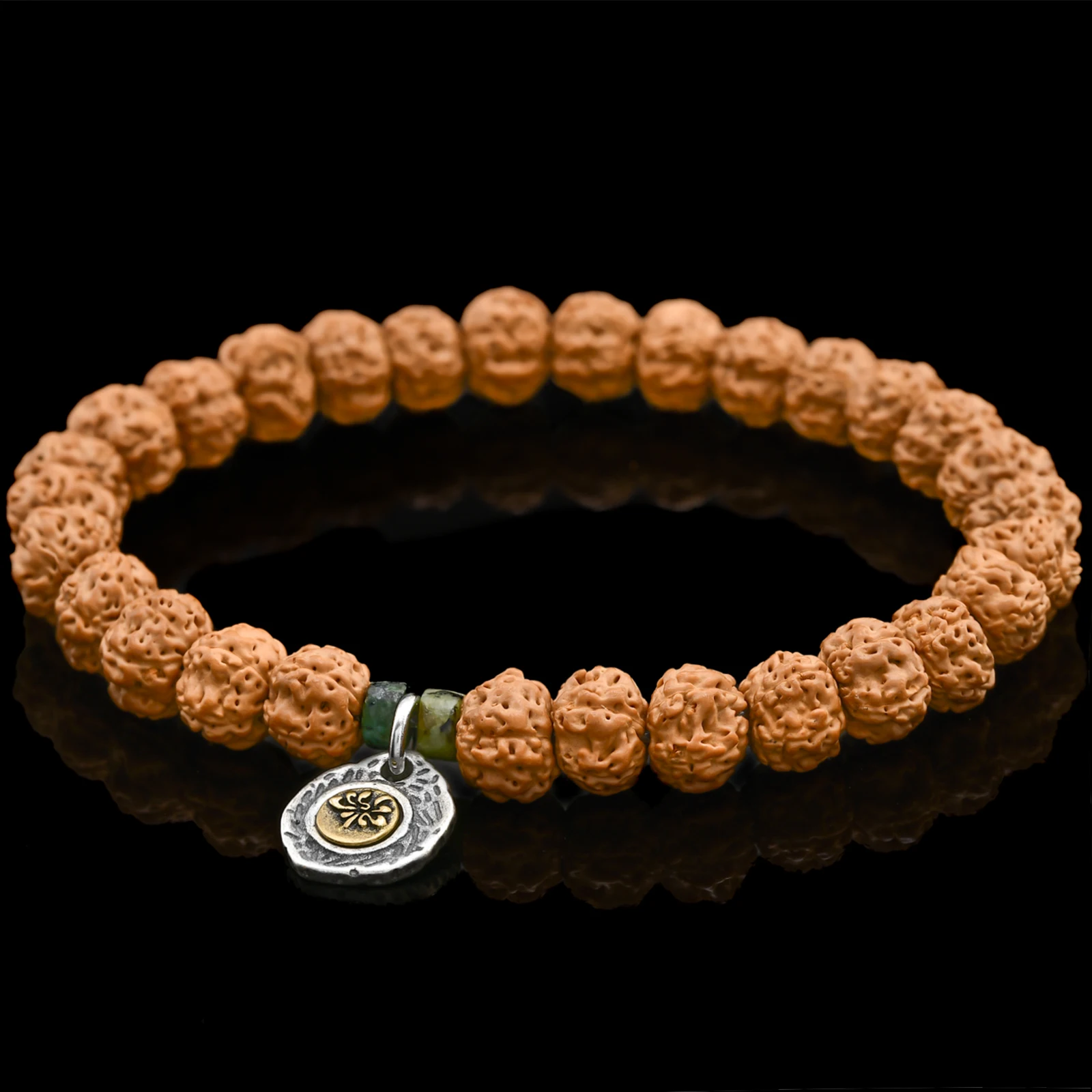 8MM Original 5 Mukhi Rudraksha Bracelets Copper Lotus Charm Beads Buddhist Prayer Meditation Elastic Cord Bracelet view 4