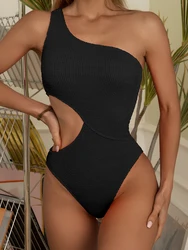 2023 New Sexy Solid Ribbed One Piece Swimsuit Women Swimwear Female One Shoulder Bathing Suit Summer Beach Wear Monokini Bathers