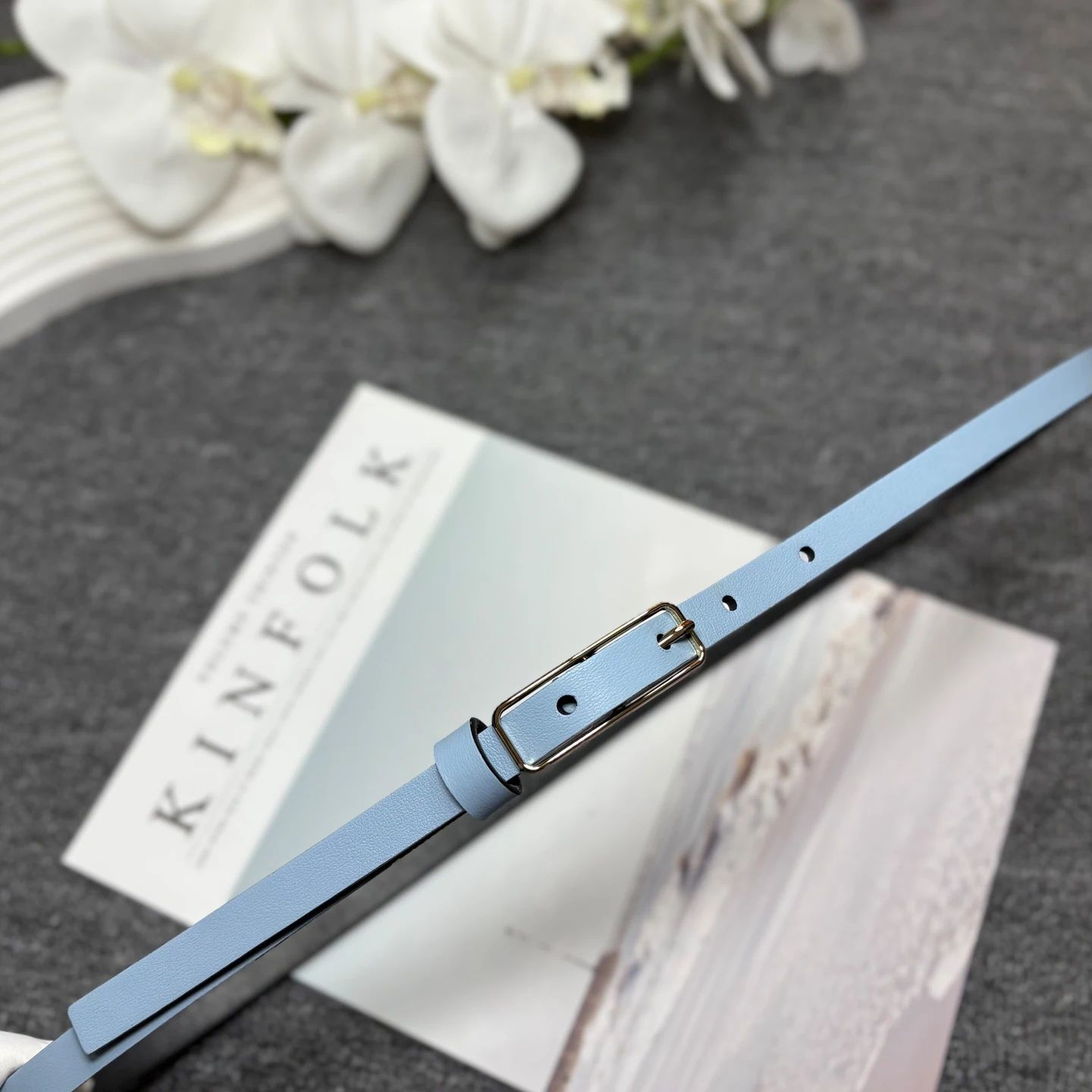 

1cm thin silver buckle belt soft leather women's thin waist belt leather decorative belt light blue