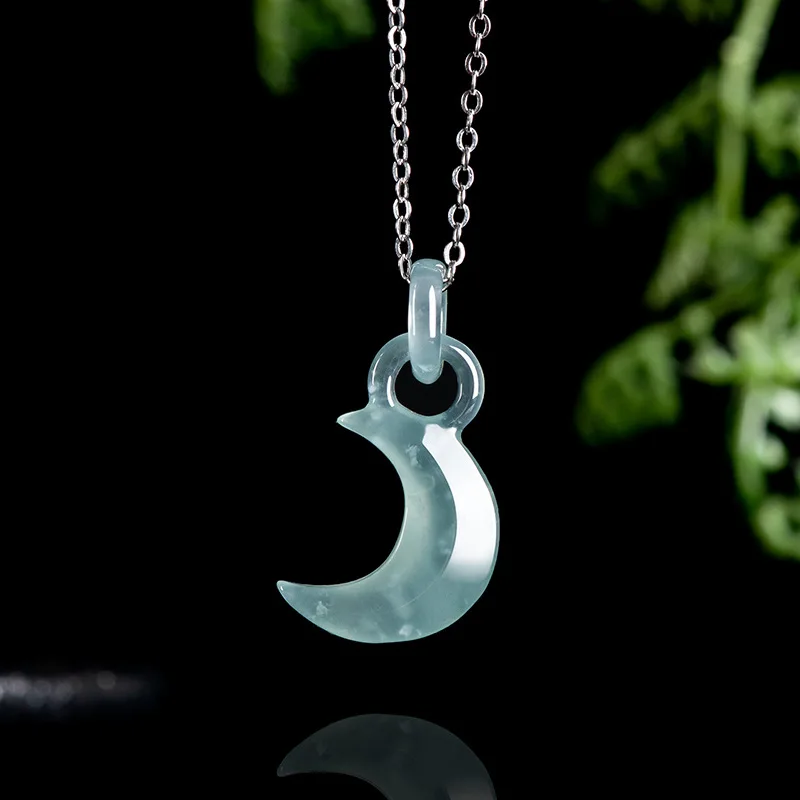 Natural A-grade Jade Blue Water Crescent Moon Lock Ice Jadeite Pendant Fashionable Women's Gifts Necklace Jewelry Drop Shipping