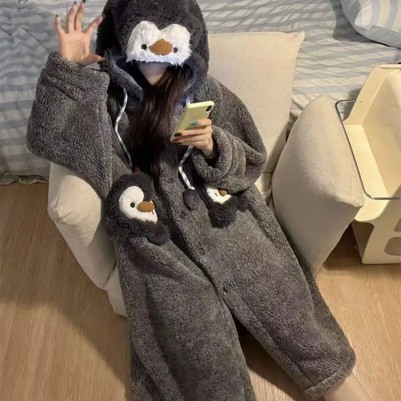 Nowy Kreskówkowy Kawaii Szlafrok Dziewczęcy Jesienno-Zimowy Piżama z Kapturem Odzież Do Spania Polar Koralowy Utrzymujący Ciepło Gruby Strój Nocny Uroczy Zestaw Domowy