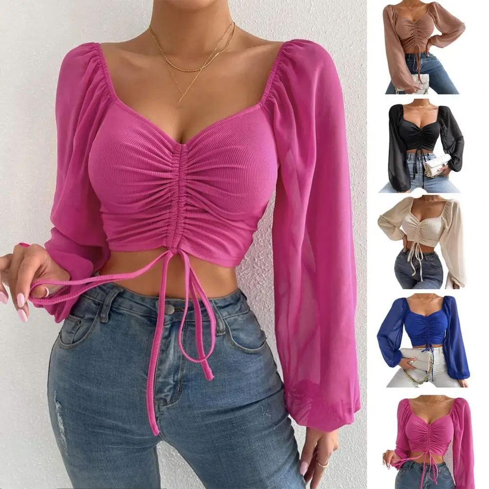 Women Sexy V-neck Drawstring Cropped Tops See-through Lantern Long Sleeve Shirt Backless Solid Color Pullover Blouse Streetwear